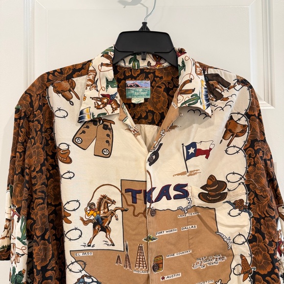 Vintage Reyn Spooner Texas Cowboy Map Hawaiian Button Down Brown Shirt sz L - Picture 2 of 9